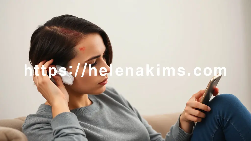 두피나 귀 뒤 피부에 붉은 반점 등 염색 부작용의 흔적이 보인다. 한 손은 해당 부위를 긁는 대신 냉찜질 팩이나 진정 크림을 조심스럽게 대고 있으며, 다른 한 손은 스마트폰으로 피부과를 검색하거나 응급 대처법을 확인하는 모습.