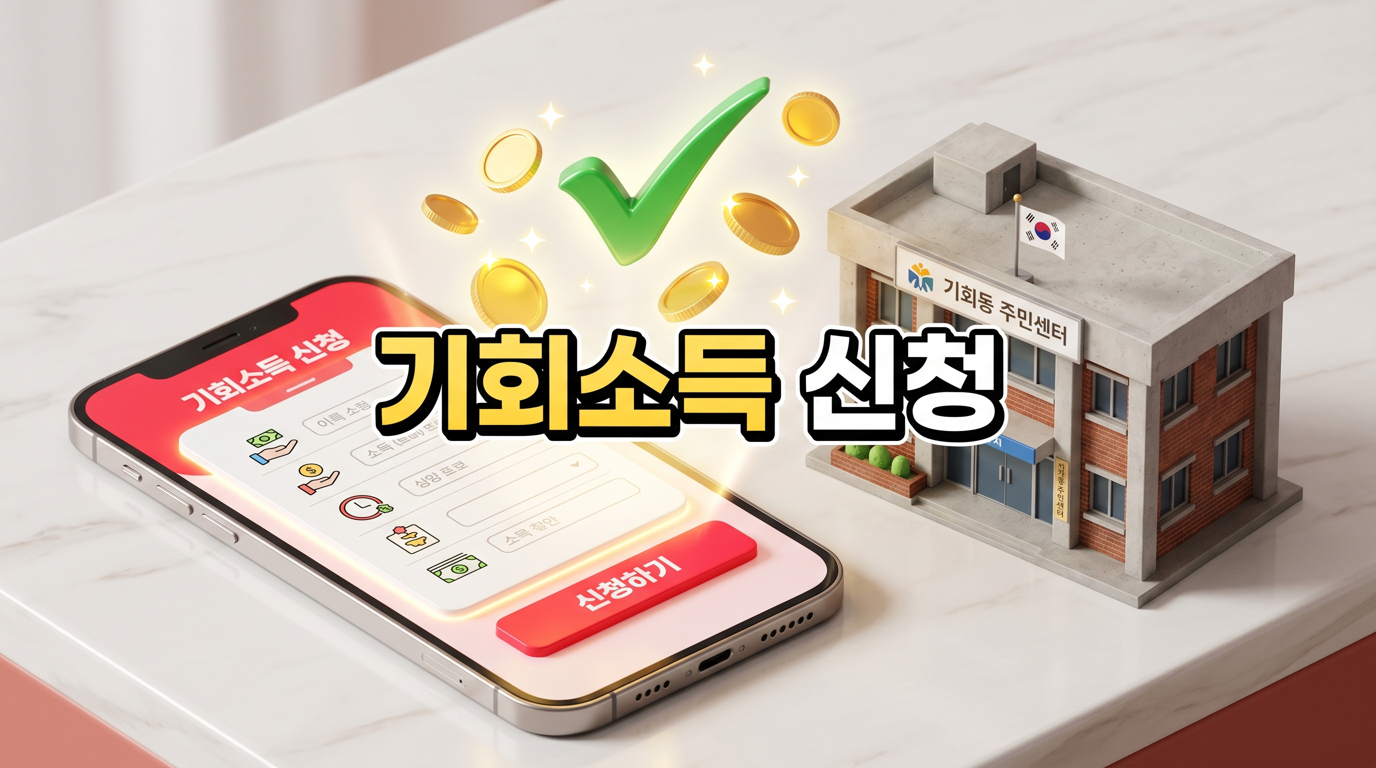 빛나는 디지털 신청서와 붉은색 제출 버튼이 띄워진 스마트폰 옆에 행정복지센터 미니어처가 있고 초록색 체크 표시와 금화가 떠 있는 3D 일러스트 배경에, 짙은 그림자와 외곽선으로 선명하게 강조된 '기회소득 신청'이라는 한글 문구가 중앙에 적힌 이미지