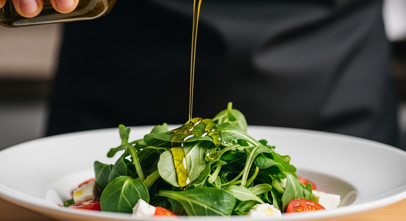 신선한 샐러드 위에 황금빛 엑스트라 버진 올리브오일을 뿌리는 모습. 요리의 풍미를 더하는 올리브오일 활용 장면을 보여줍니다.
