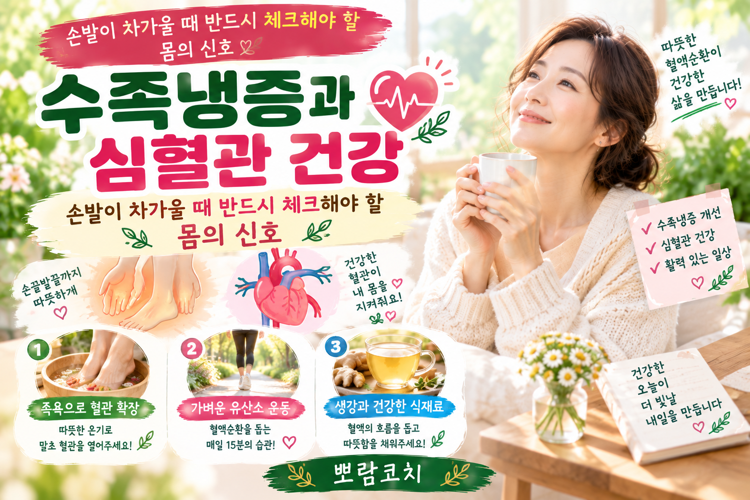 따뜻한 생강차 한 잔을 두 손으로 포근하게 감싸 쥐고 미소 짓는 감성 이미지