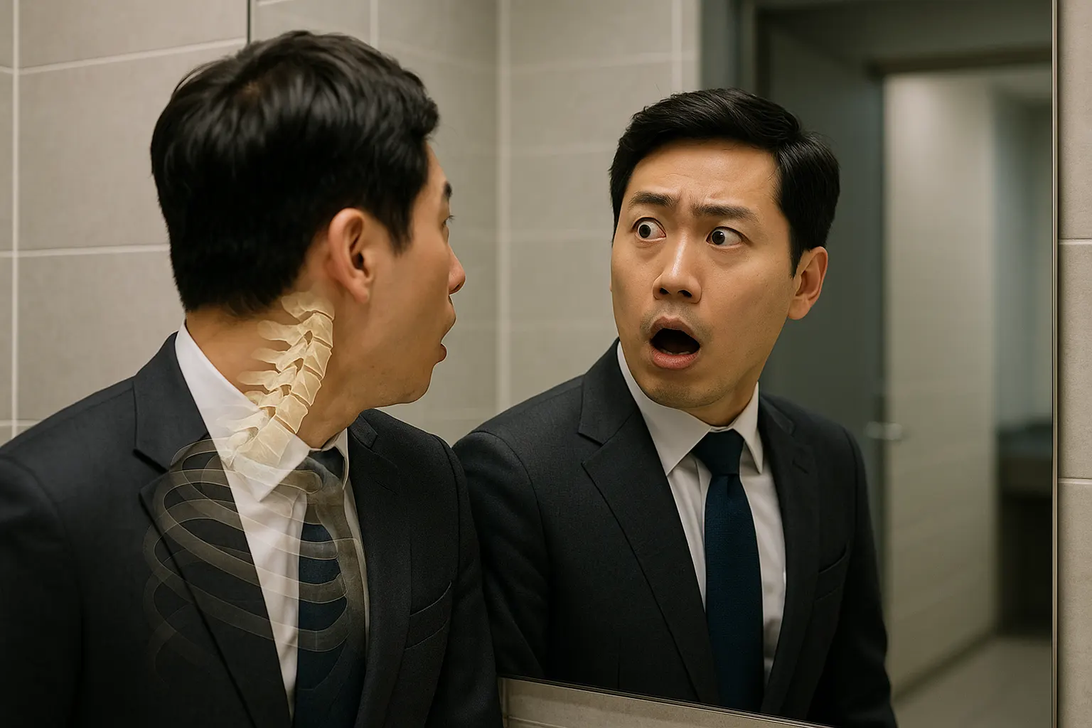 고개를 돌릴 때 목에서 나는 소리에 놀란 표정의 직장인, 경추 뼈 투명 오버레이