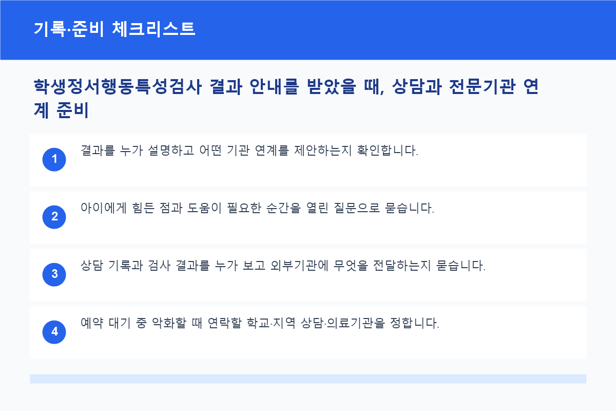 학생정서행동특성검사 결과 안내를 받았을 때, 상담과 전문기관 연계 준비 기록&middot;준비 체크리스트 정보 이미지