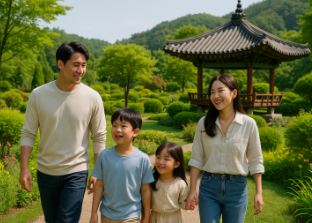 순천만 국가정원에서 산책하며 즐거워하는 가족모습