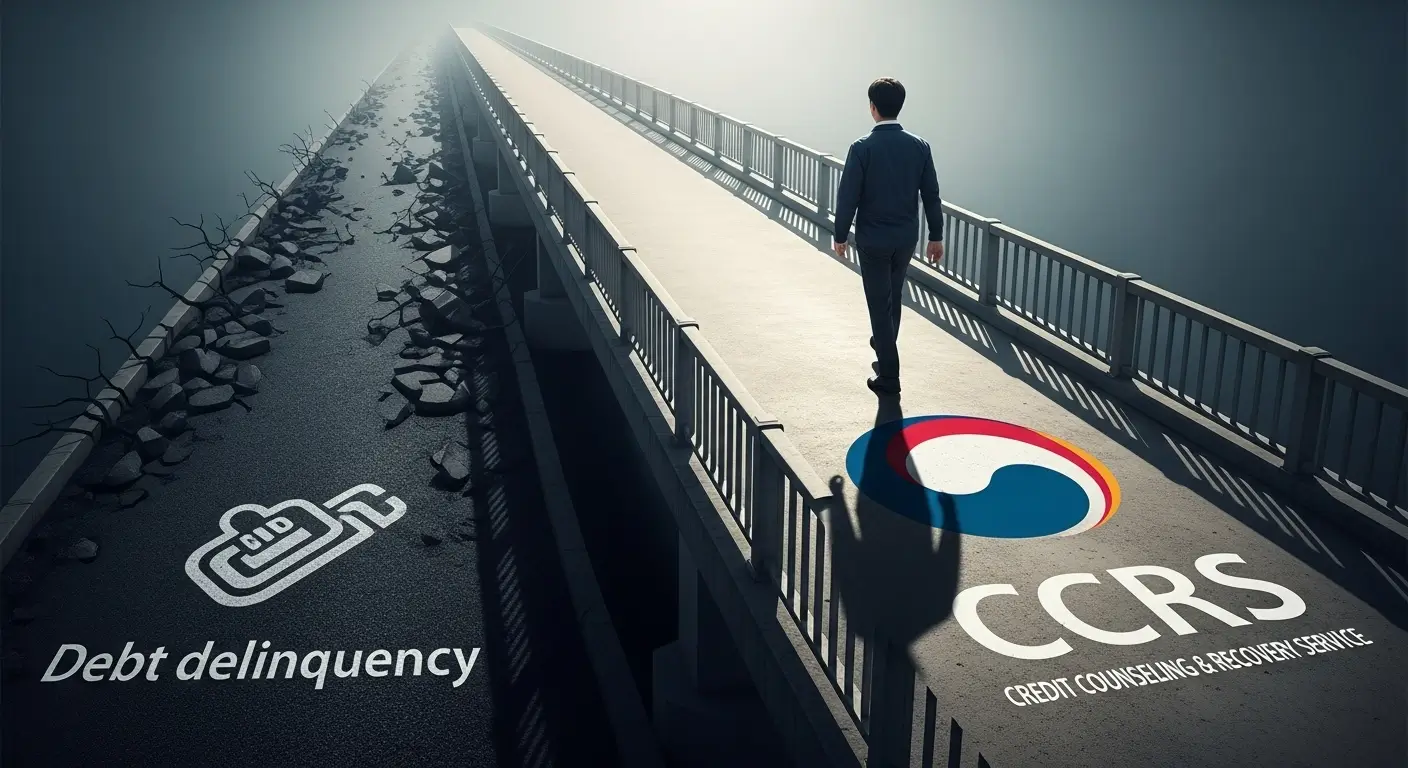 어둡고 험난했던 연체의 길에서 벗어나, 신용회복위원회라는 밝고 안정적인 다리를 건너는 모습