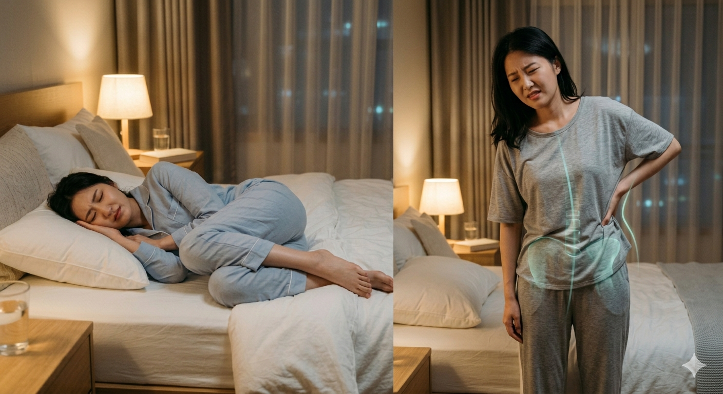 옆으로 누워서 자면 척추 나 골반 기울임이 생겨 허리염좌를 일으킬수있다