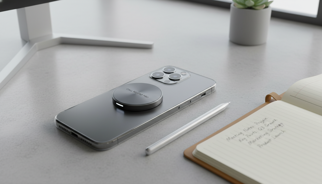 아이폰 뒷면에 부착된 프리미엄 디자인의 맥세이프 통화녹음기 기기