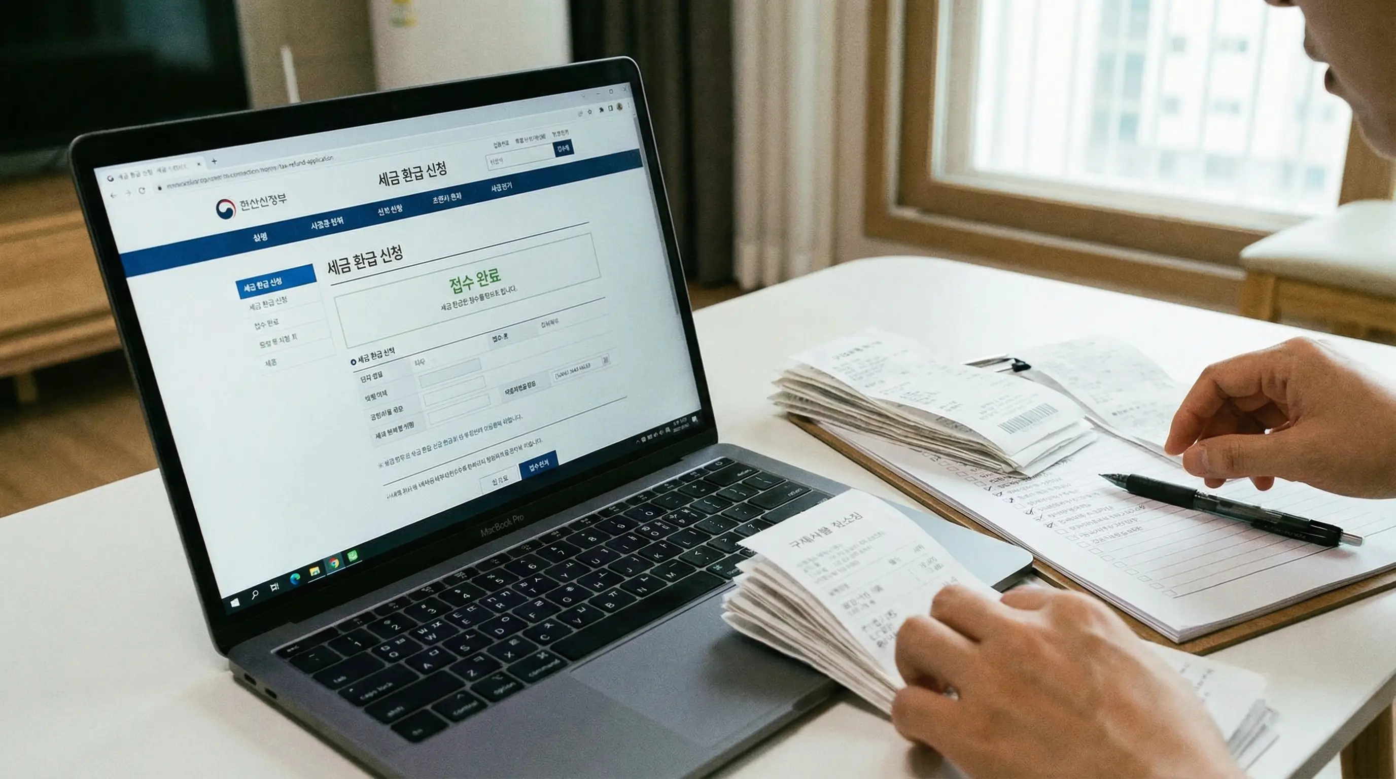노트북 화면에 띄워진 환급 신청 사이트와 옆에 놓인 구매 영수증, 꼼꼼하게 서류를 준비하는 모습
