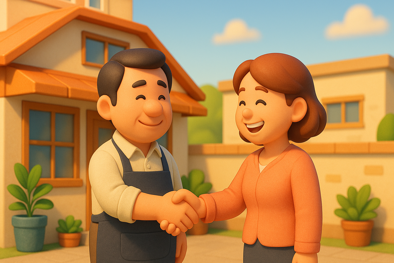 식당 사장님과 펜션 사장님이 웃으며 악수하는 모습, 성공적인 제휴를 상징]