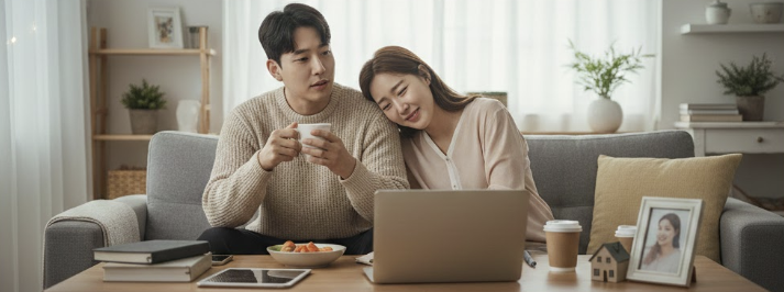 결혼 후 재정 계획에 대해 이야기하는 예비남편. 그리고 그 이야기를 듣고 남편에게 듬직함을 느껴 어깨에 기대는 예비신부