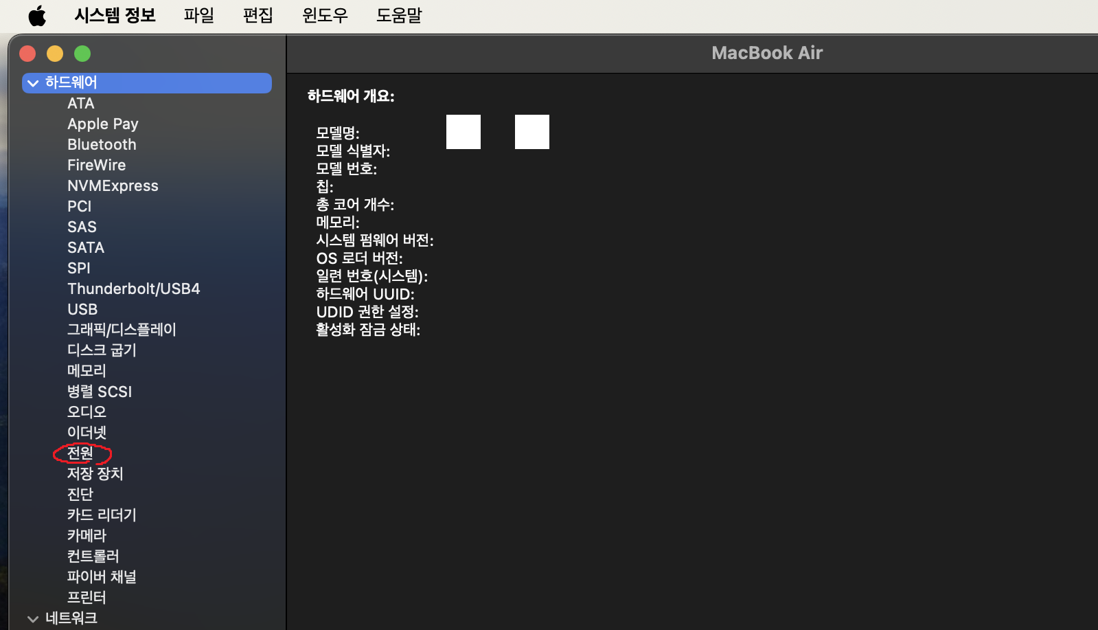 맥북 시스템 정보 화면