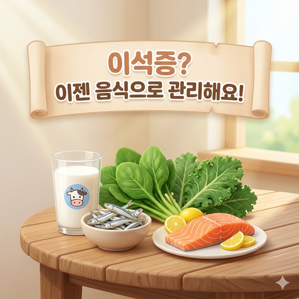 건강한 음식과 생활 습관이 균형을 이루는 저울 그림. 이석증 관리를 위한 전반적인 균형 잡힌 접근의 중요성.