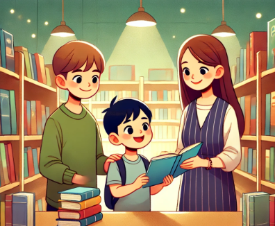 초등학생이 부모님과 책을 고르고 있는 모습