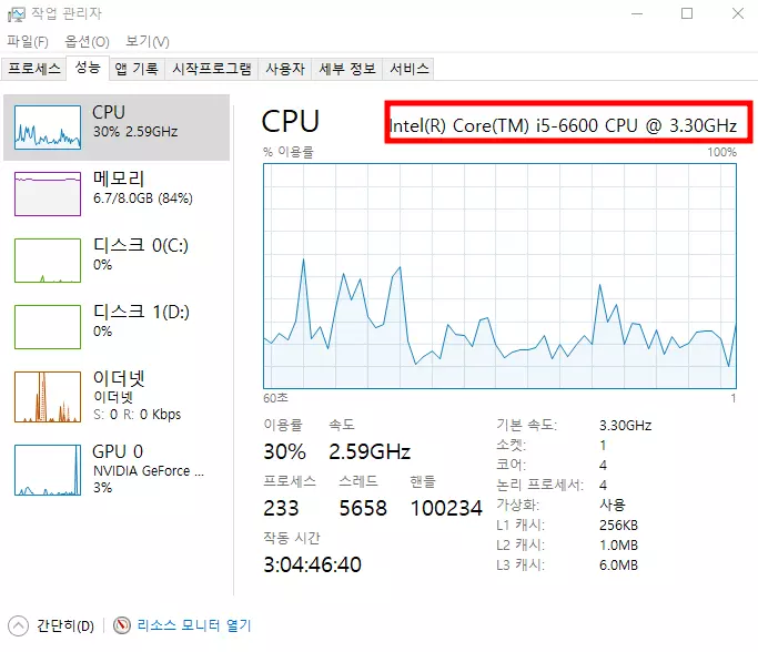 컴퓨터사양-작업관리자-CPU-정보