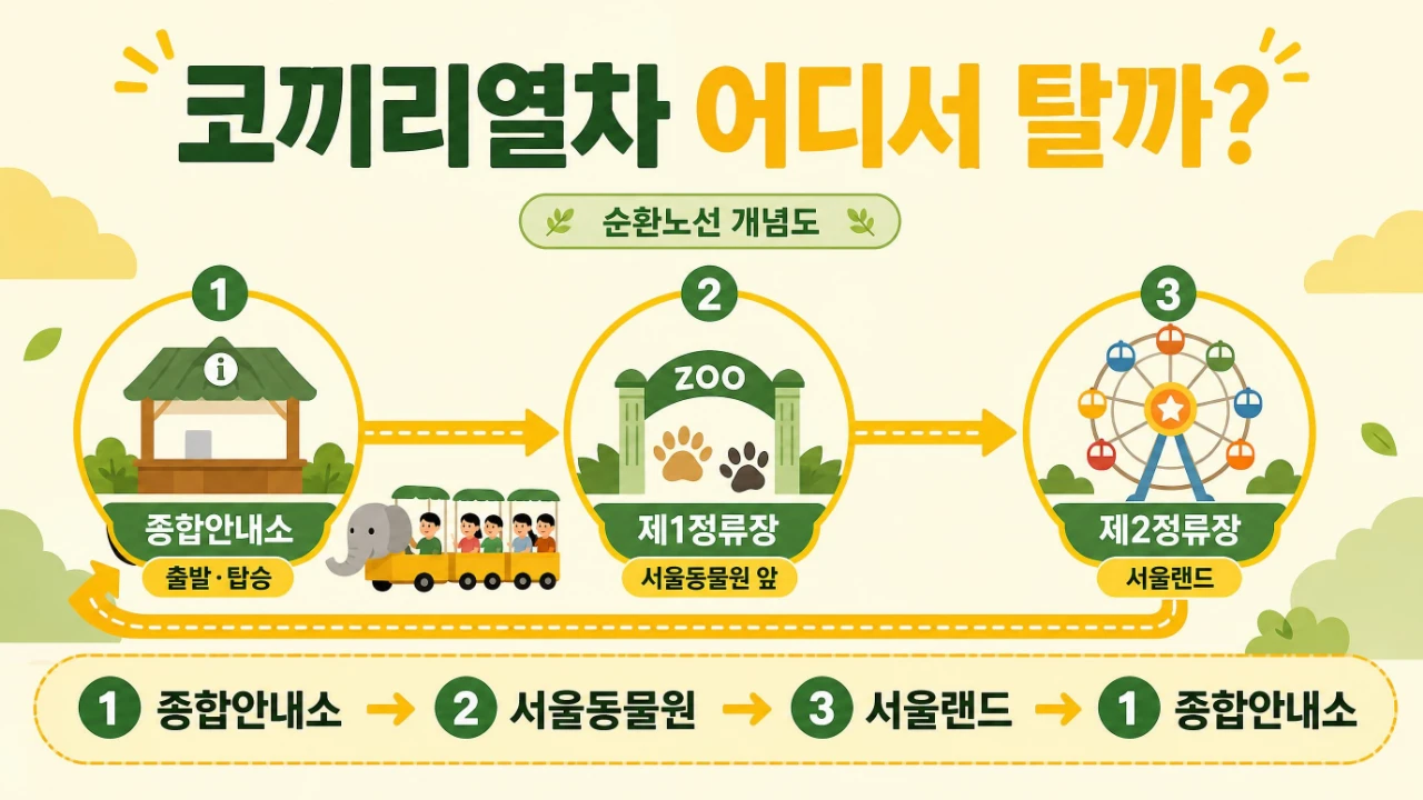 서울대공원 코끼리열차가 종합안내소에서 출발해 서울동물원 앞 제1정류장과 서울랜드 제2정류장을 거쳐 돌아오는 순환노선 개념도
