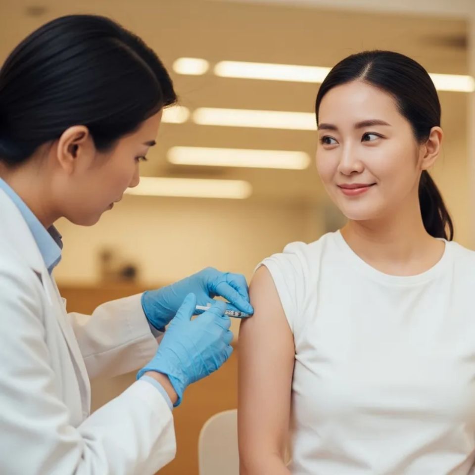 팔에 주사를 맞는 사람이 편안하게 웃고 있는 이미지