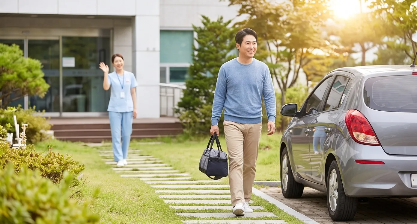 치료 후 병원 건물 밖으로 밝게 퇴원하는 환자와 손을 흔드는 의료진