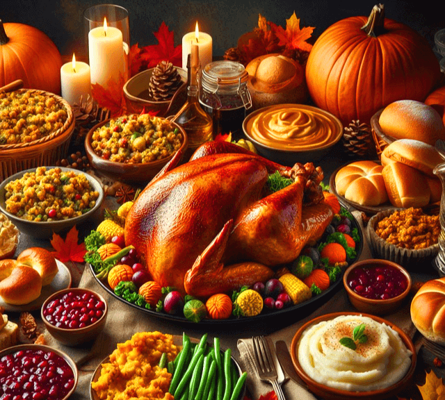 식탁에 푸짐한 음식이 한가득 있다. 칠면조구이, 빵들, 카레, 늙은 호받, 촛불이 가득하다.
