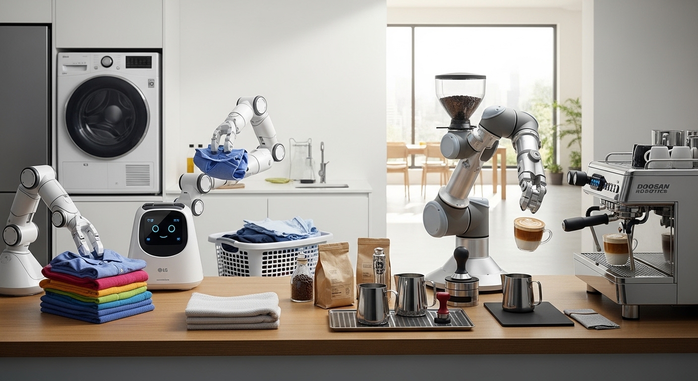Scene showing LG Electronics' home robot organizing laundry and Doosan Robotics' collaborative robot brewing coffee like a barista.