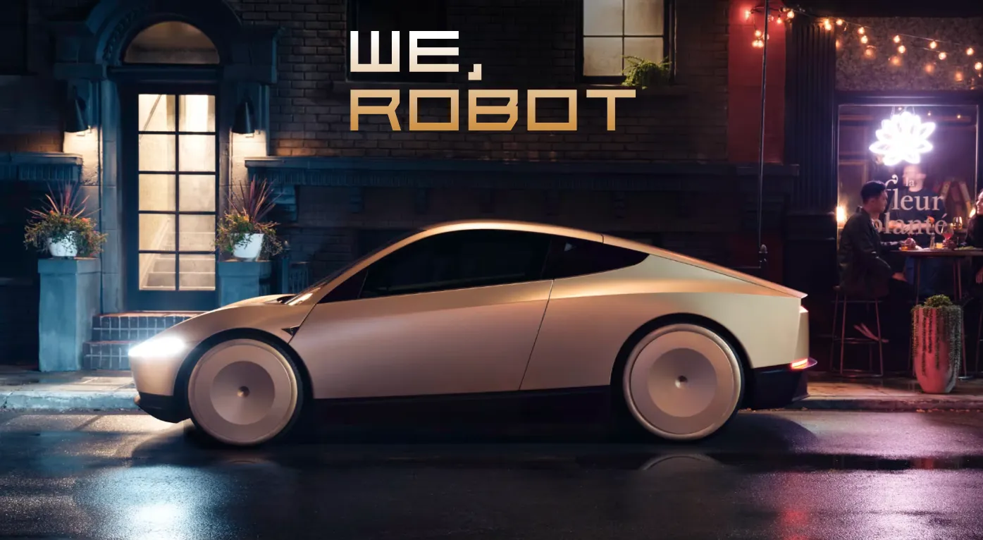 alt="테슬라 로보택시 사이버캡 외관 이미지, WE ROBOT 슬로건과 함께 야간 주행 중"