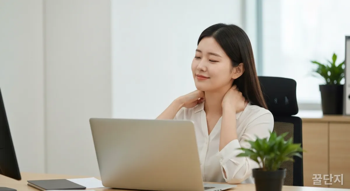 사무실에서 짧은 휴식 중 목 스트레칭을 하는 직장 여성