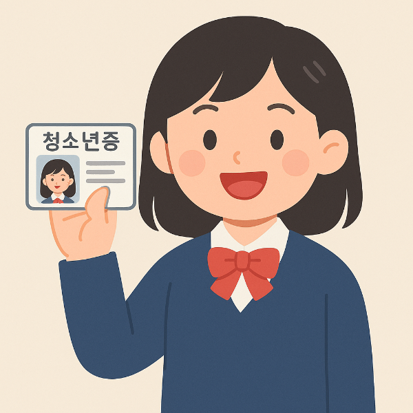 서류와 카메라 앞에 서 있는 청소년, 신분증 발급을 상징하는 일러스트