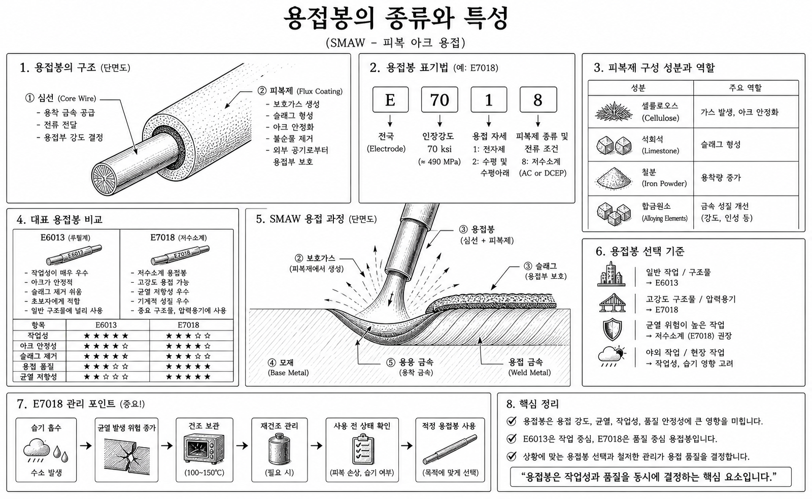 SMAW 용접봉의 종류와 특성 개념도