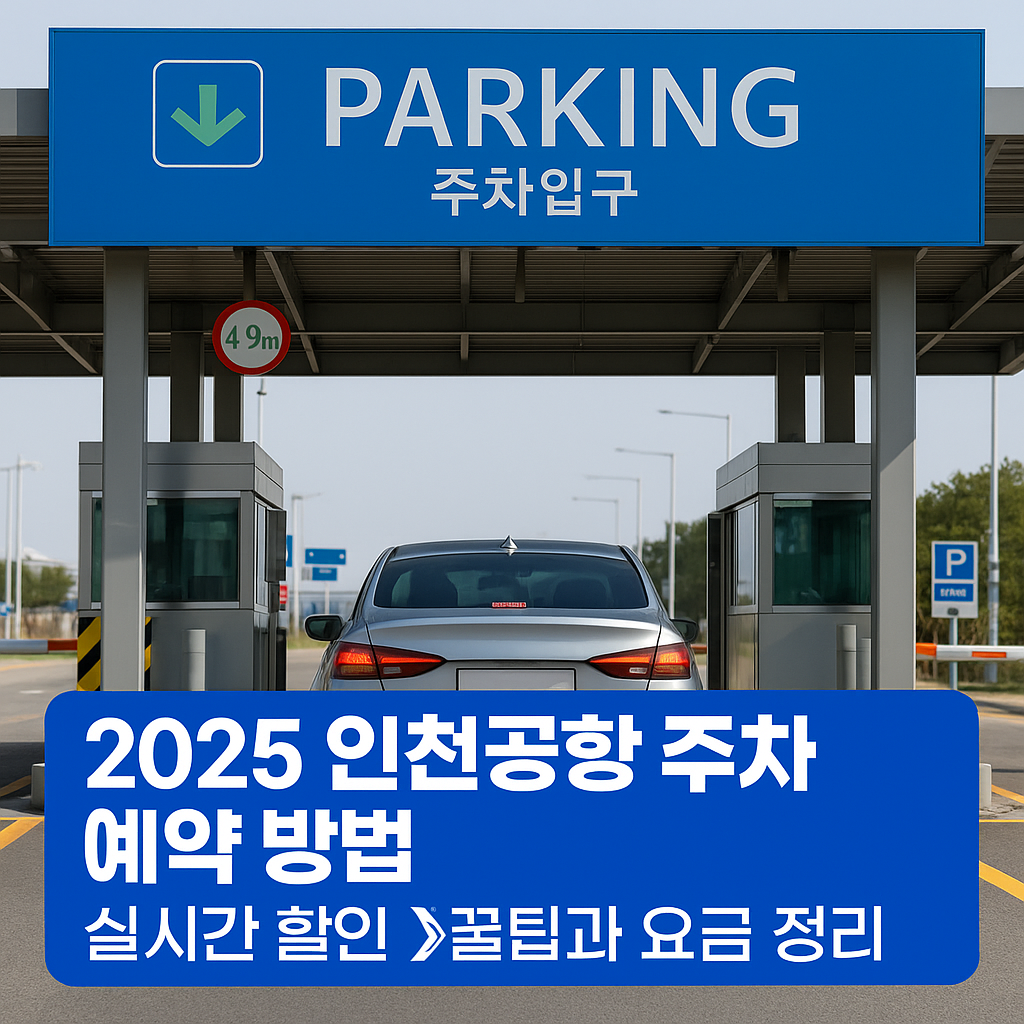 &ldquo;인천공항 주차장 입구에서 차량이 요금소를 통과하는 모습과 함께 '2025 인천공항 주차 예약 방법 ❘ 실시간 할인 꿀팁과 요금 정리' 문구가 파란 배너로 강조된 이미지&rdquo;