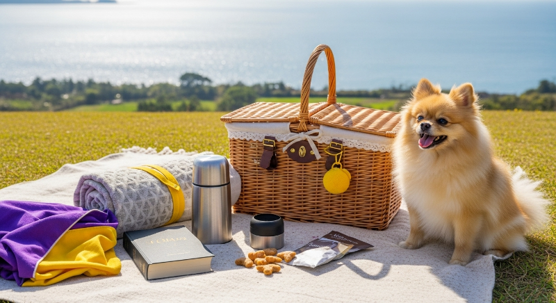 제주 바다가 보이는 언덕에서 반려견과 함께 즐기는 여유로운 피크닉 풍경.
