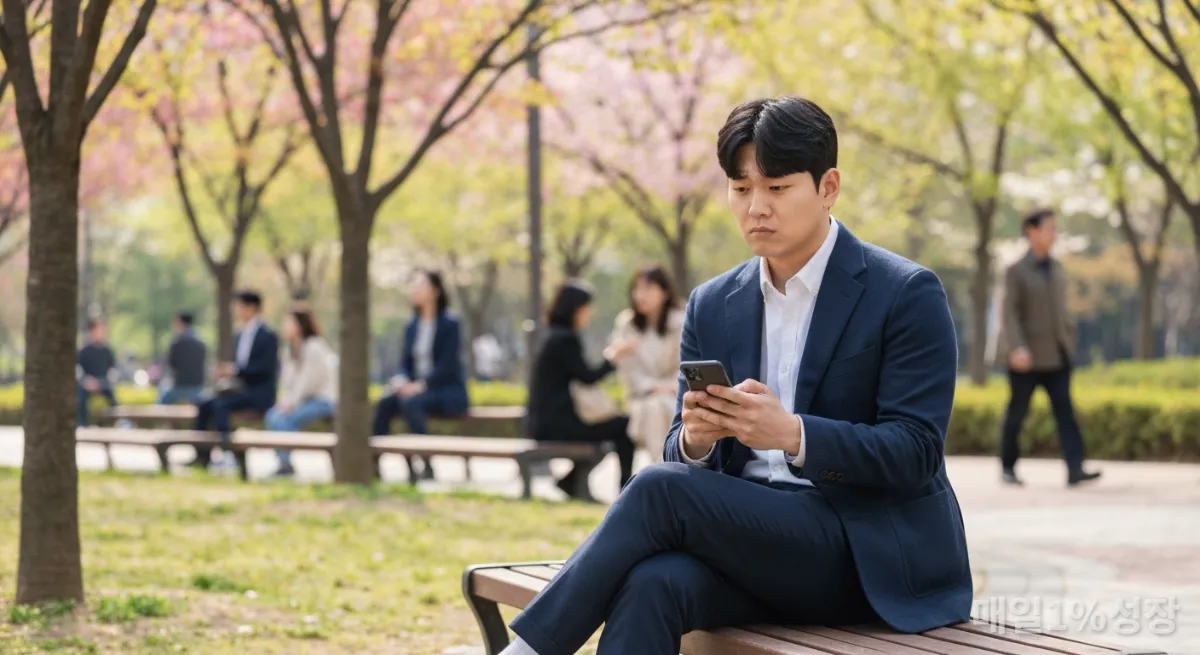 공원 벤치에 앉아 AI 관련 뉴스를 보며 생각에 잠긴 한국 남성