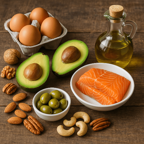 키토식 식단에 추천되는 식재료들이 놓인 식탁
아보카도,계란,견과류,올리브오일, 연어