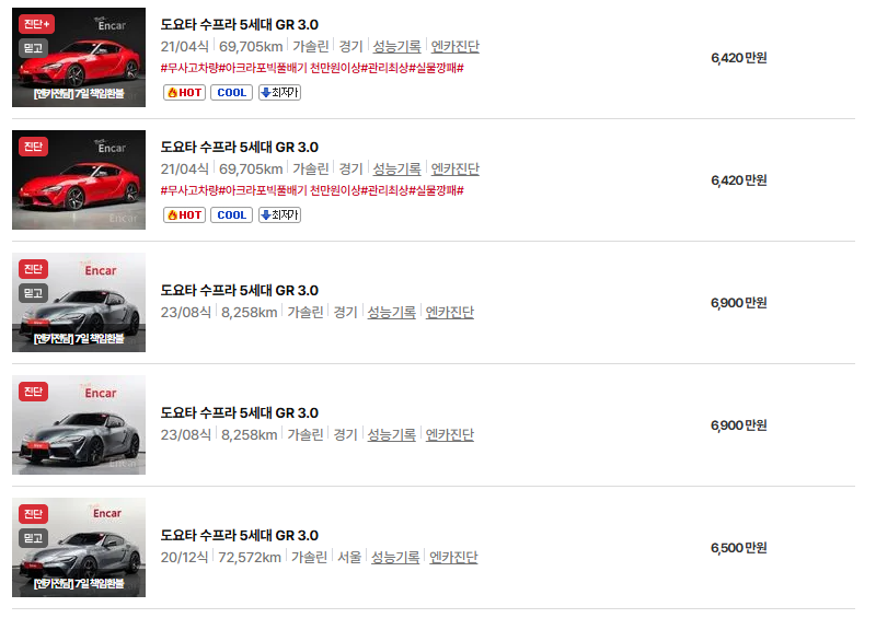 도요타 수프라 중고차 가격 시세표 연비