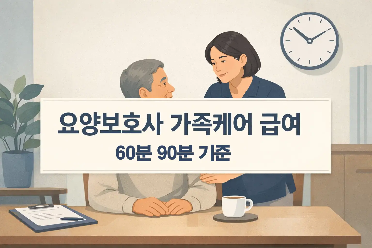 요양보호사 가족케어 급여 글의 핵심 주제를 보여주며 60분&middot;90분 인정 기준과 월 지급 구조를 빠르게 이해하도록 정리한 이미지