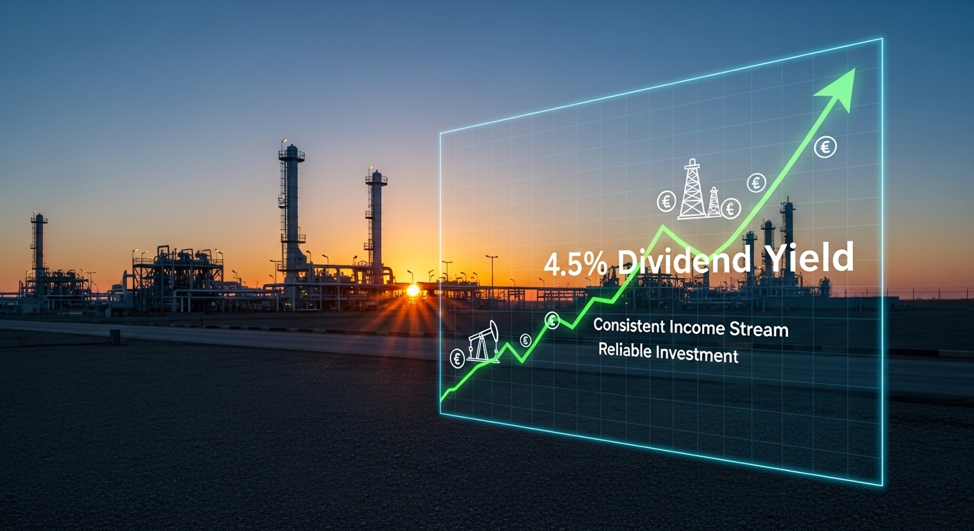 셰브론의 정유 공장과 고배당 수익률 차트가 합성된 이미지