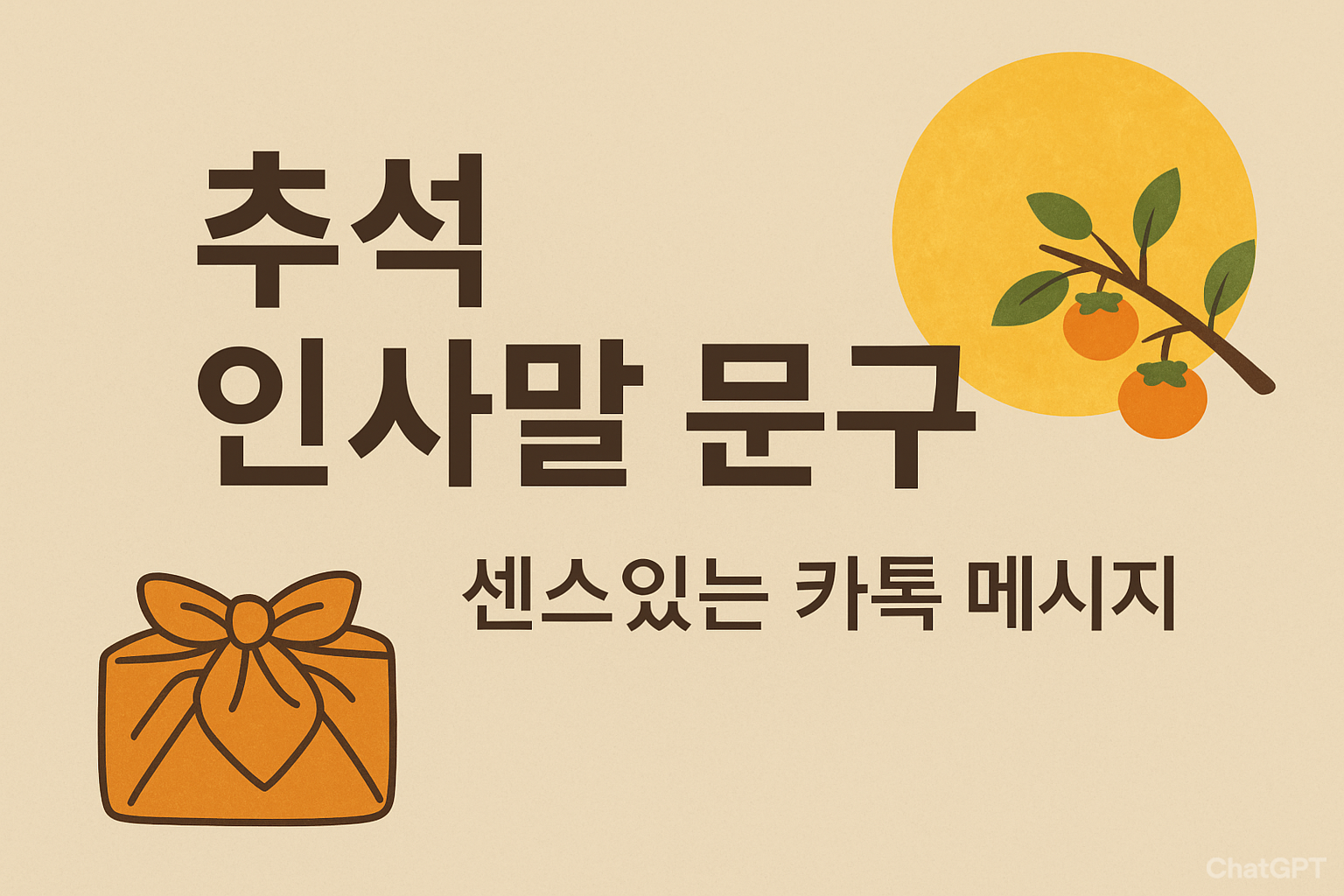 Chuseok greeting messages thumbnail with full moon, persimmons, and traditional gift box illustration."
"보름달, 감, 전통 보자기 선물 그림이 있는 추석 인사말 문구 썸네일."