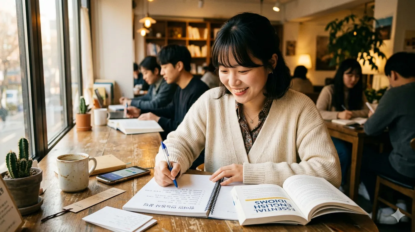 카페 창가에 앉아 열공중인 여학생, 자기 일에 열심인 다른 사람들도 보인다