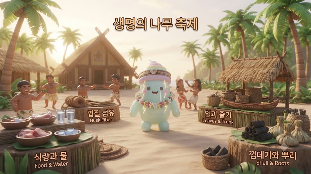 쫀쿠가 남태평양의 평화로운 섬마을에서 '생명의 나무' 축제를 열고 있습니다. 코코넛 나무의 모든 부분이 어떻게 활용되는지 입체적으로 전시됩니다. 열매(물, 과육), 껍질(밧줄), 잎(지붕, 바구니), 줄기(건축재), 뿌리(약재) 등 각 부위별 활용품들이 쫀쿠 주변에 가득하며, 행복한 마을 주민들이 코코넛 축제를 즐깁니다.