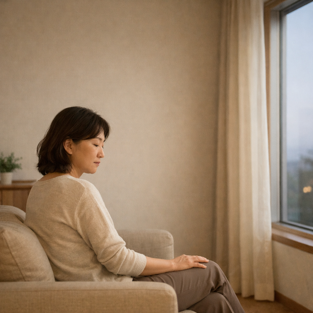 장내가스와 복부팽만을 반복적으로 느끼며 기준을 고민하는 중년의 차분한 일상 모습