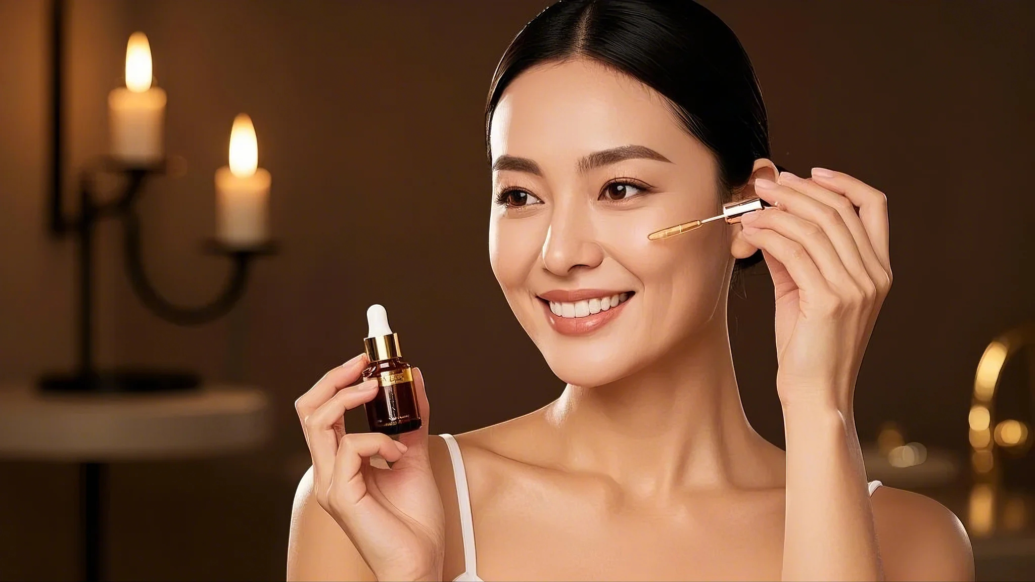 미소를 띠며 고급 세럼을 바르는 여성의 모습, 따뜻한 조명이 비치는 배경