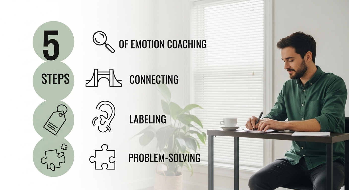 감정코칭 5단계를 각 단계별 아이콘과 함께 설명하는 인포그래픽.
