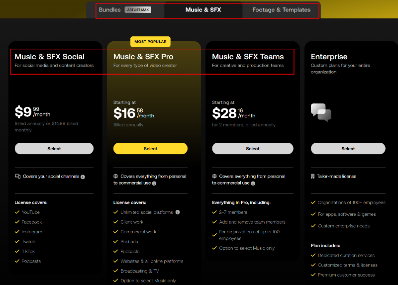 Music & SFX( 음악 및 효과음 플랜 옵션)