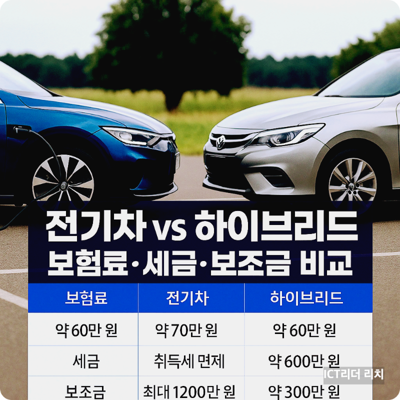 전기차와 하이브리드 차량의 보험료&middot;세금&middot;보조금을 비교한 실사형 인포그래픽 이미지