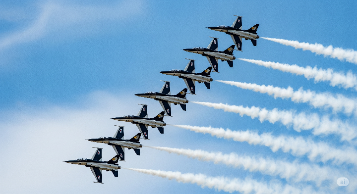 맑은 하늘 아래에서 멋진 곡예 비행을 펼치는 블랙이글스 T-50B 편대