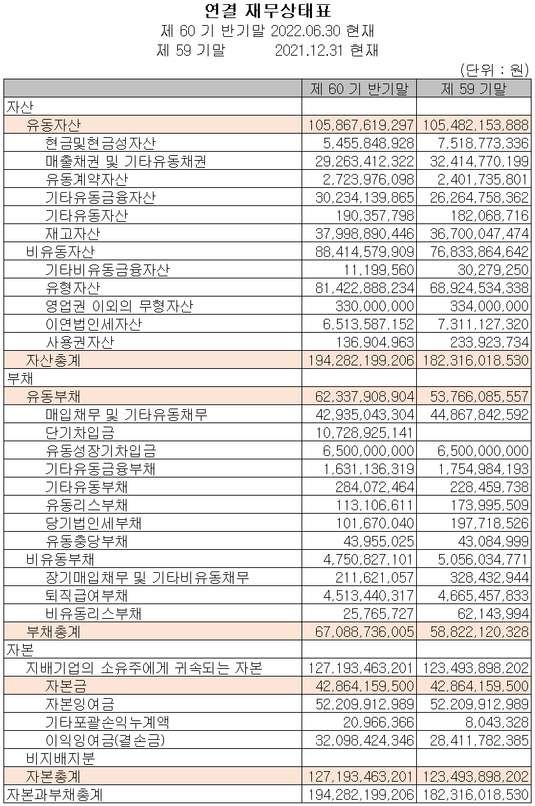 시그네틱스 - 재무상태표