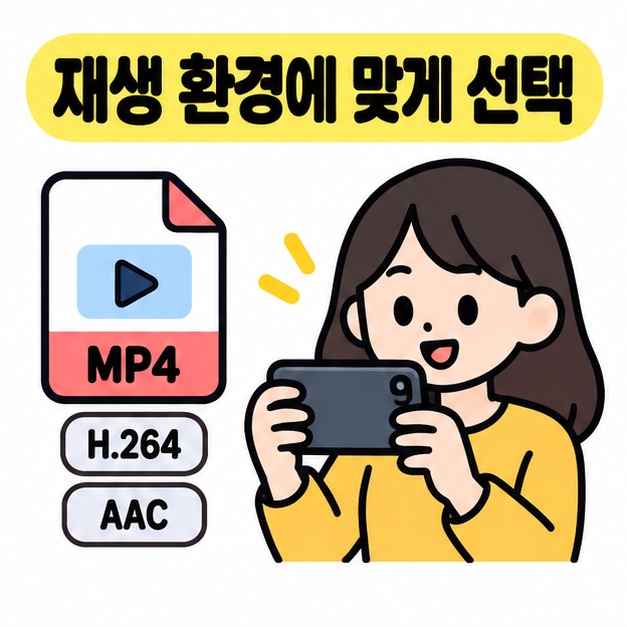 재생 환경에 맞게 선택이라는 문구 아래 MP4 파일과 H.264 및 AAC 레이블 옆에서 스마트폰으로 영상을 확인하는 사람의 그림