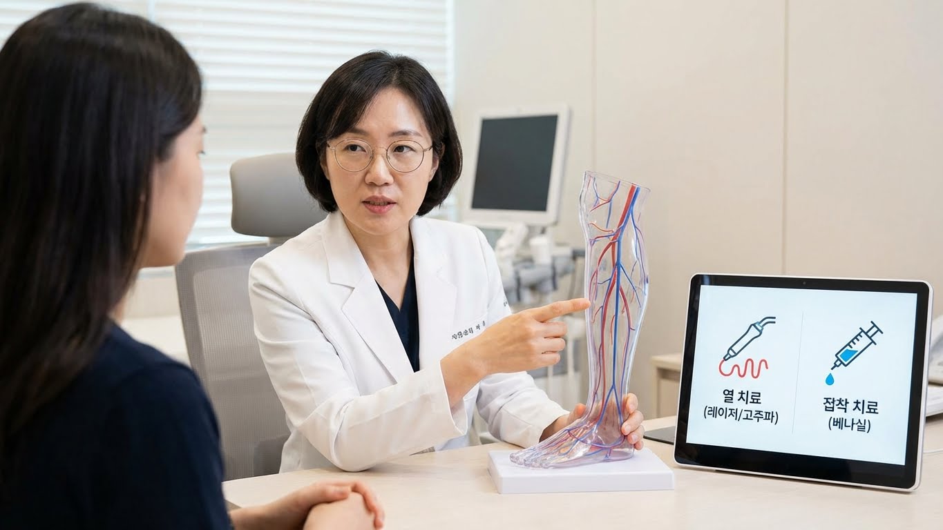 의사가 다리 모형을 두고 환자에게 수술법 차이를 설명하는 모습