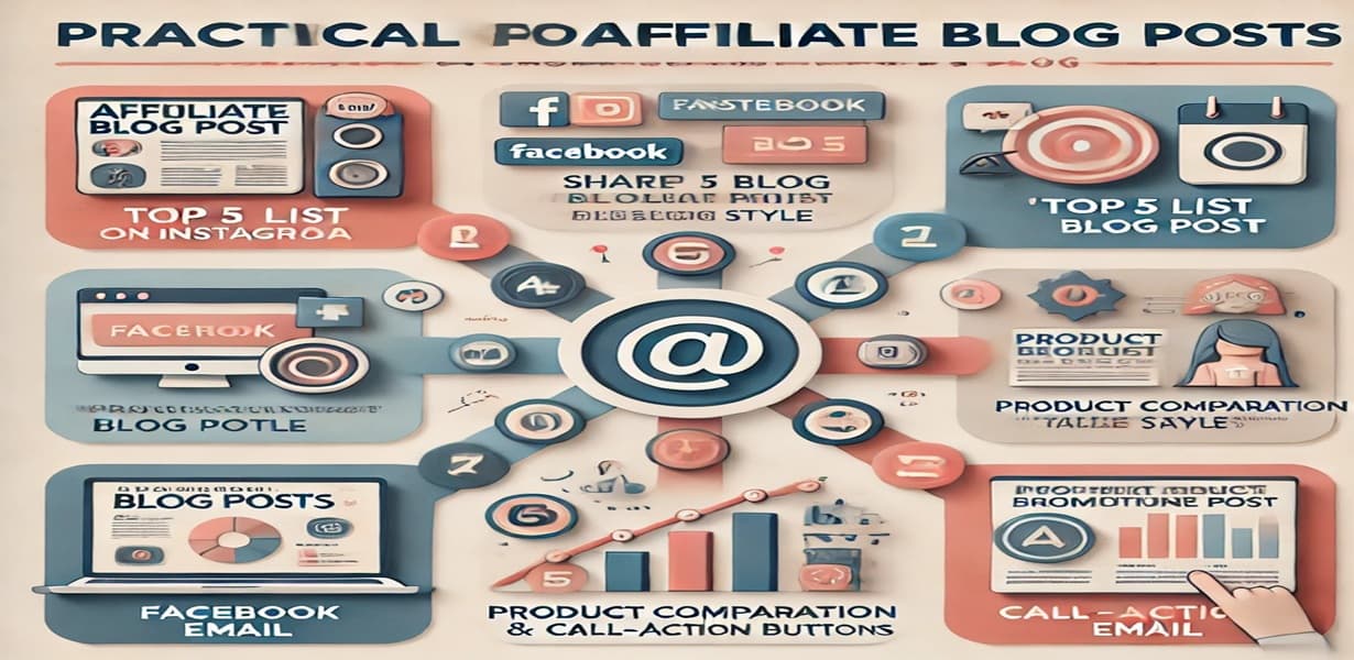 제휴마케팅 홍보 전략 인포그래픽 – 블로그 글을 SNS, 커뮤니티, 이메일로 공유하고, Top 5 추천 콘텐츠, 비교표, CTA 버튼 등을 활용한 구조
