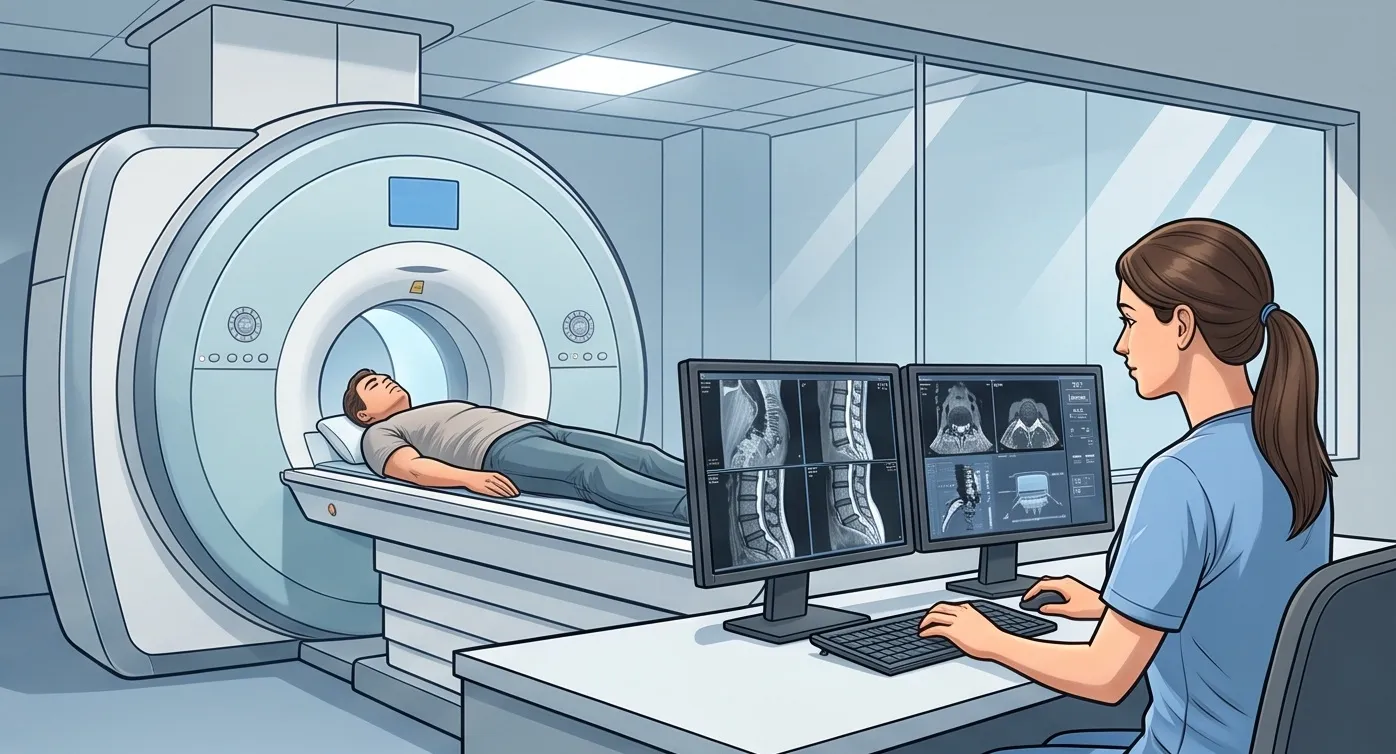 조종실에서 의료진이 모니터를 통해 환자의 척추 MRI 검사 결과를 확인하는 모습