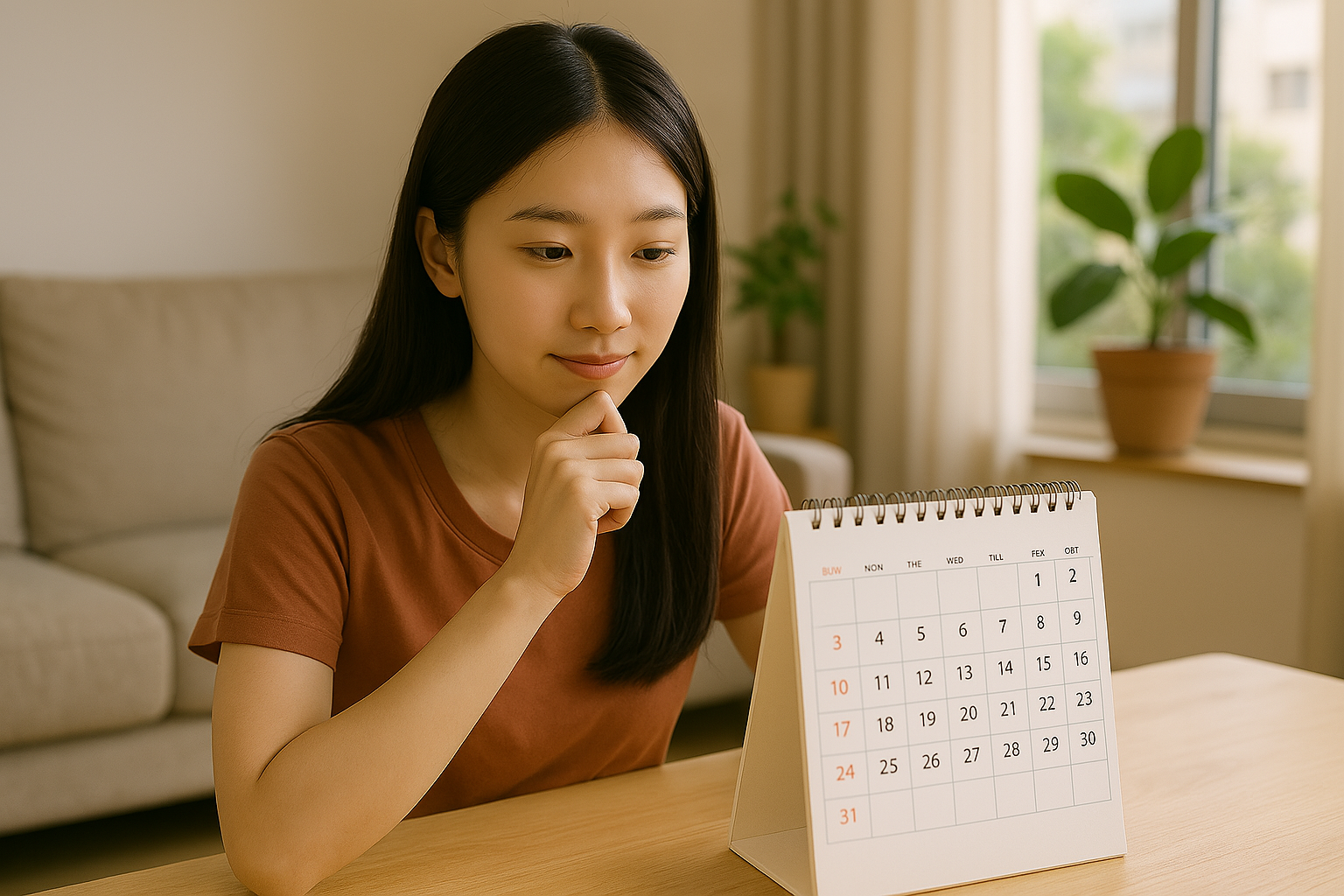 청약을 준비하며 도곡더써밋타워 청년안심주택 공공임대 신청 일정을 달력으로 확인 중인 여성