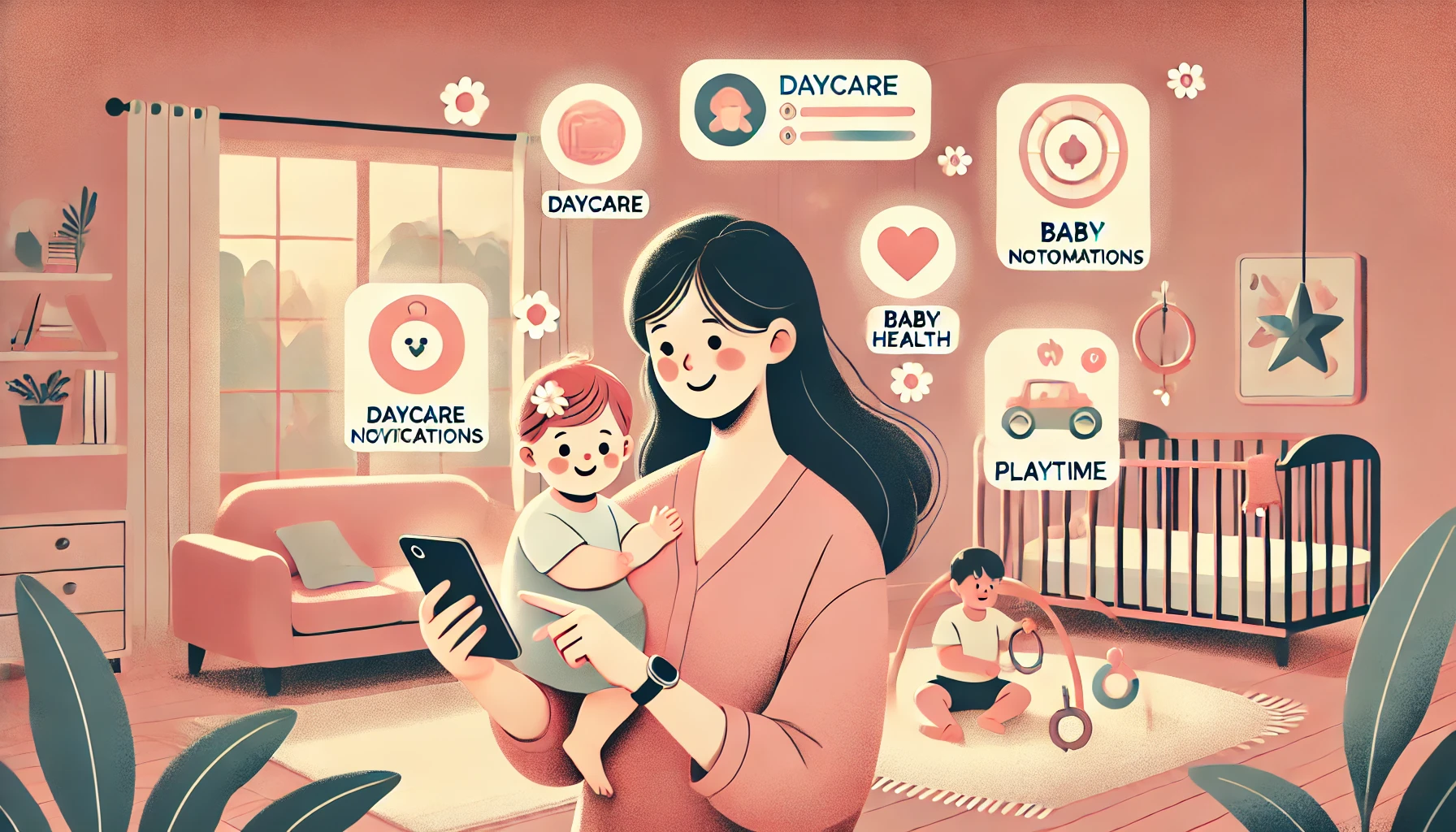 육아용 앱을 활용하여 아이를 케어하는 엄마의 모습_image generated by Dall-E