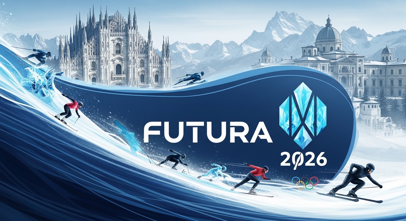 2026 밀라노 코르티나 담페초 동계올림픽 로고와 함께 역동적인 겨울 스포츠 선수들의 실루엣, 이탈리아 알프스 설경과 밀라노 도시 전경이 어우러진 이미지. 블루-그레이 톤으로 올림픽의 열정과 미래 지향적인 분위기를 담아냈다.